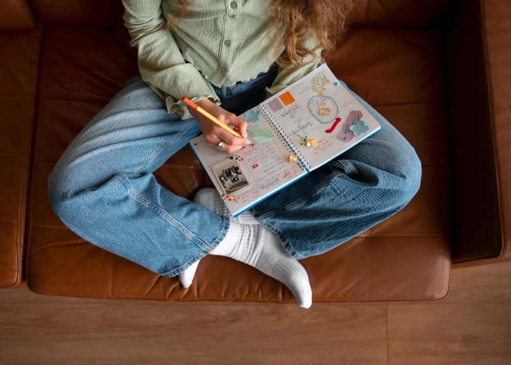 Manual journaling is done in a physical notebook.